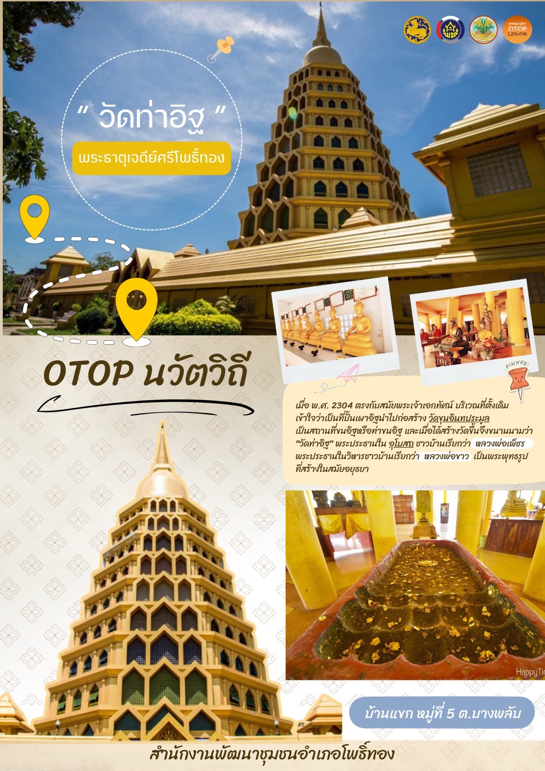 พช.โพธิ์ทอง ขอเชิญท่องเที่ยวเชิงศาสนาและวัฒนธรรม ณ หมู่บ้านนวัตวิถี ตำบลบางพลับ อำเภอโพธิ์ทอง กราบพระธาตุเจดีย์ศรีโพธิ์ทอง หลวงพ่อขาว หลวงพ่อเพ็ชร สังขารหลวงพ่อหอม เข้าชมหอพระไตรปิฎก