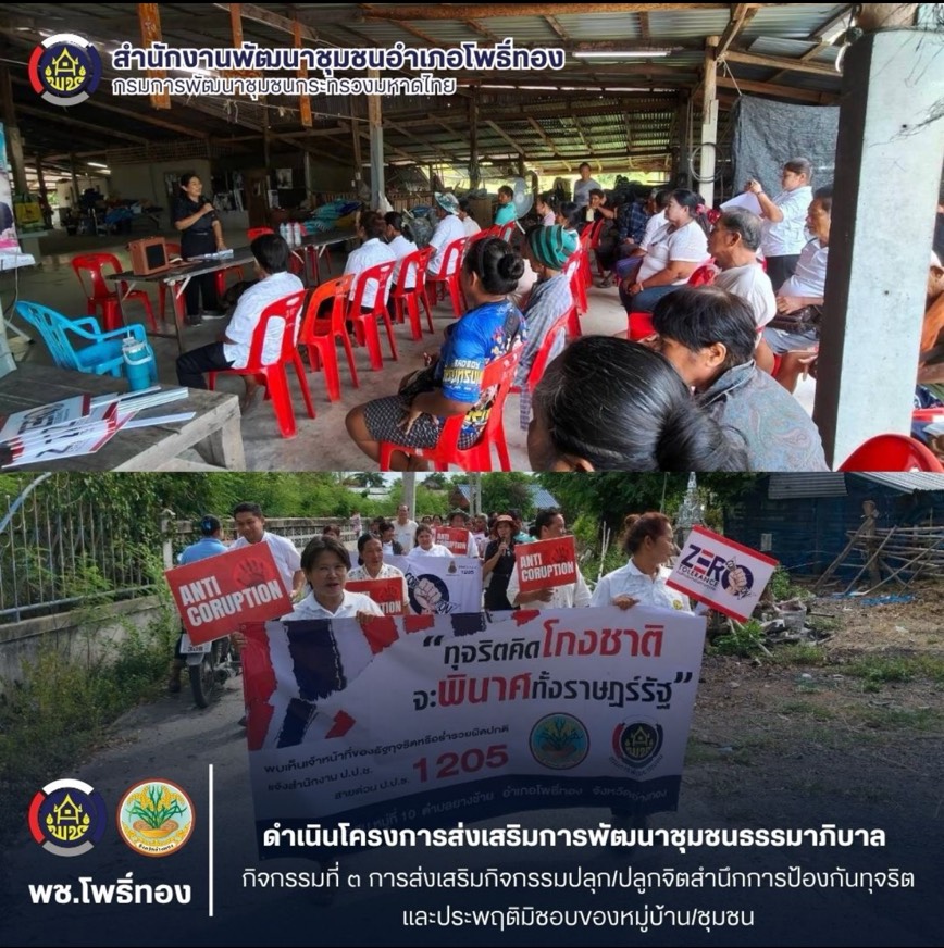 พช.โพธิ์ทอง ดำเนินโครงการส่งเสริมการพัฒนาชุมชนธรรมาภิบาล กิจกรรมที่ 3 การส่งเสริมกิจกรรมปลุก/ปลูกจิตสำนึกการป้องกันทุจริตและประพฤติมิชอบของหมู่บ้าน/ชุมชน